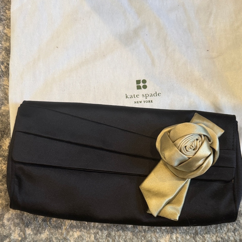 Kate Spade Black satin Clutch with Gold Rose Detail